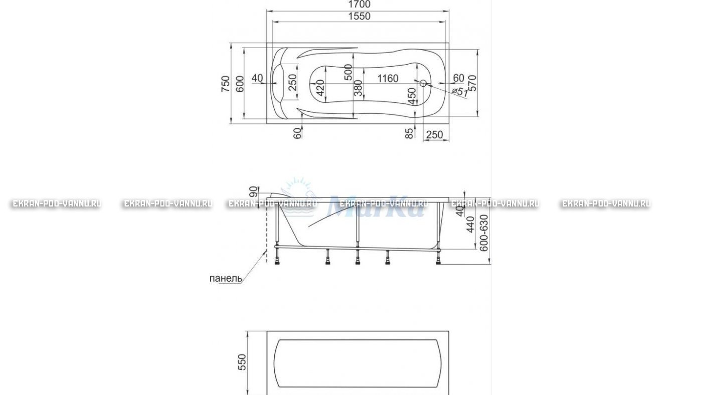 Акриловая ванна 1MarKa Calypso 170x75 – купить по цене 13950 руб. в интернет-магазине в городе Новосибирск картинка 22